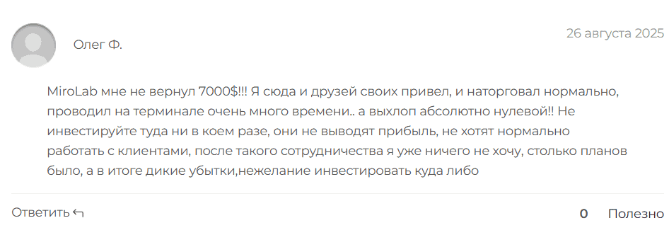 Mirolab — отзывы, инвестиционная платформа или рискованное решение?