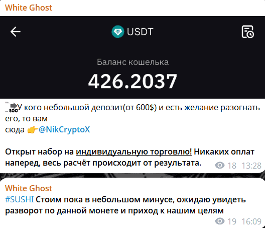 White Ghost — отзывы и разоблачение криптоканала с сомнительной торговлей и обещаниями доходов