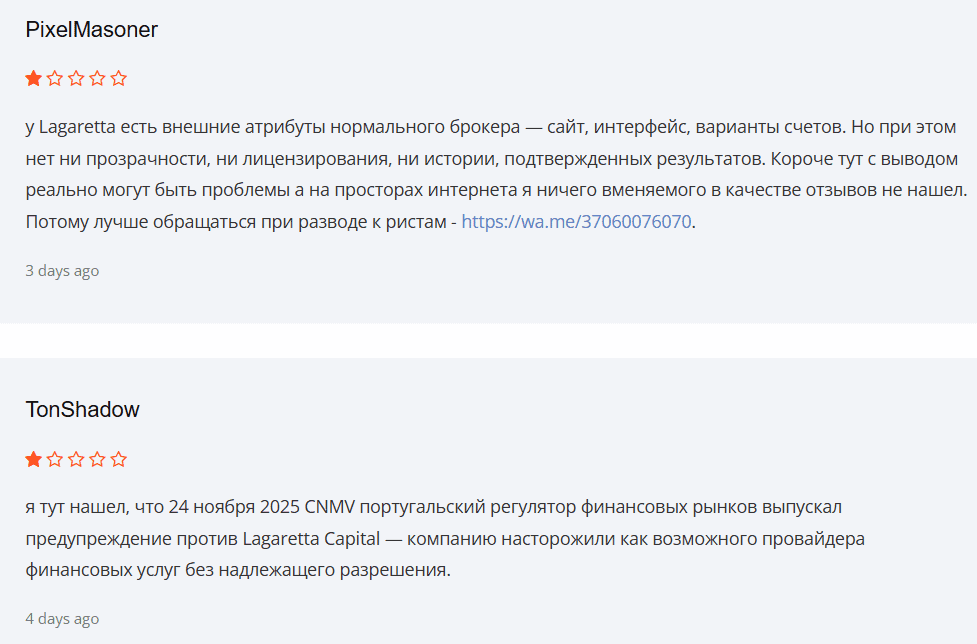 Lagaretta Capital — отзывы. Можно ли доверять брокеру с неподтверждёнными лицензиями?