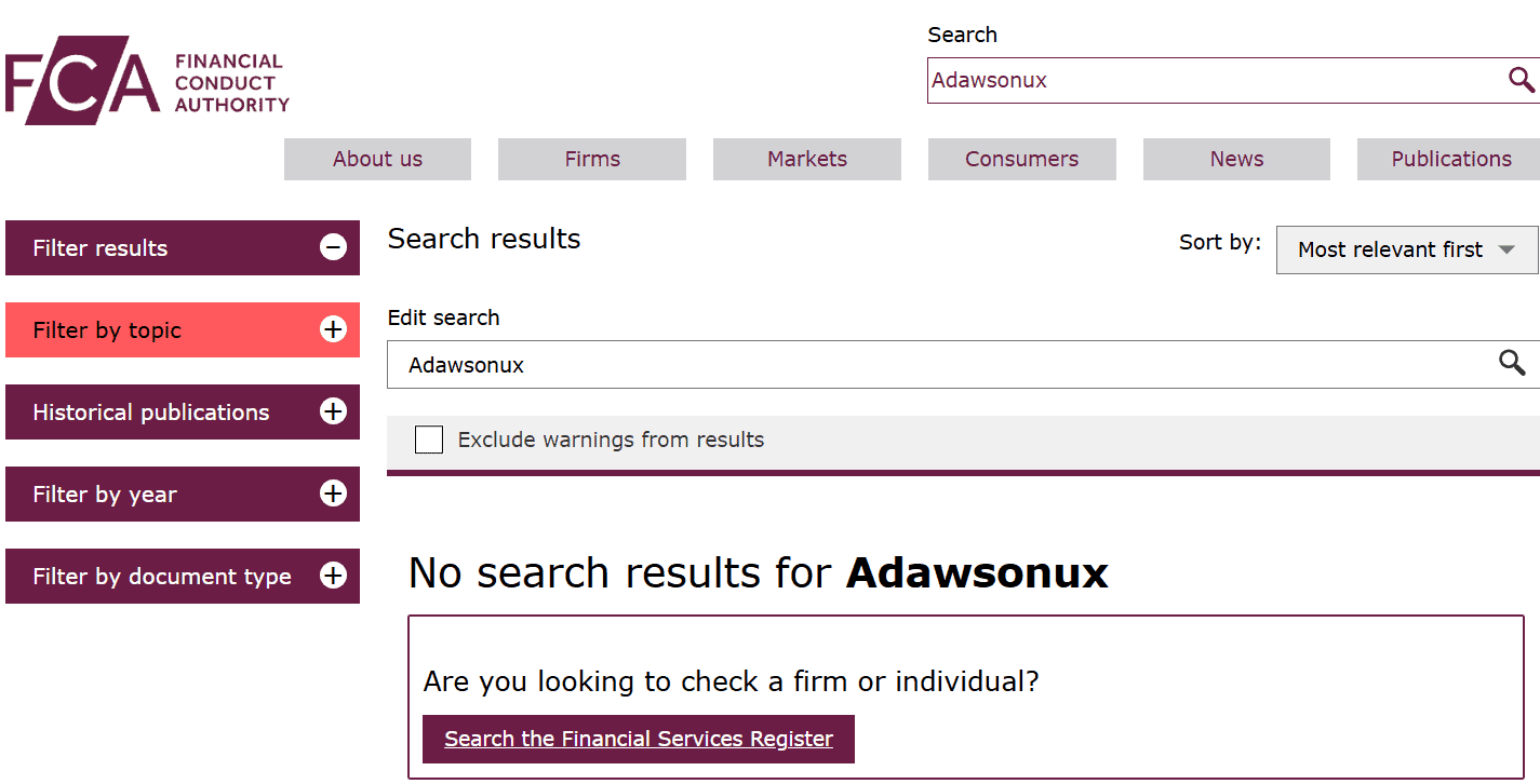 Adawsonux — отзывы о брокере: лицензия DFSA на словах и отсутствие в реестрах
